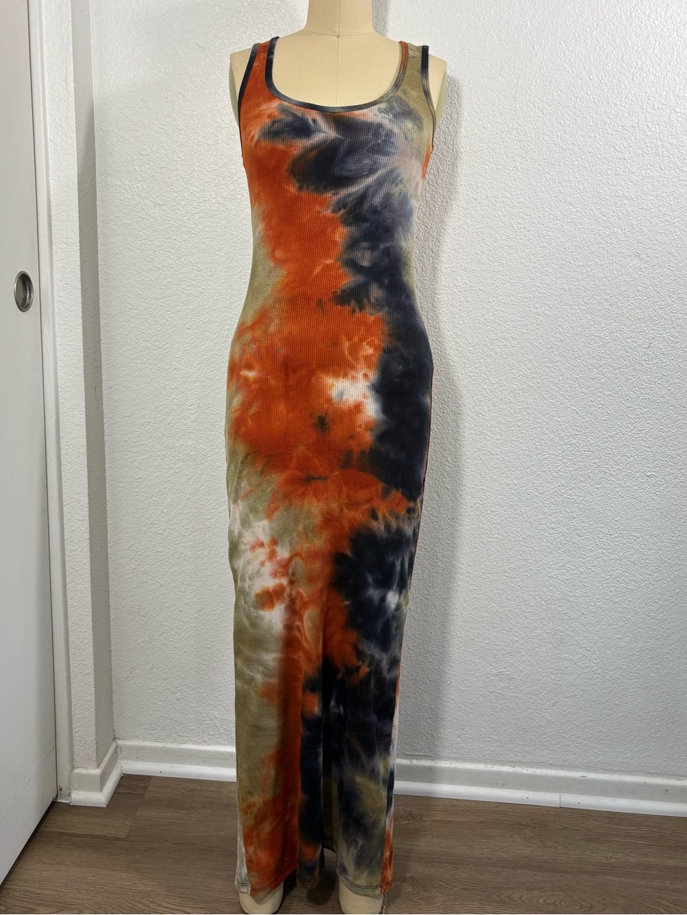 Sleeveless Tie-Dye Maxi Dress in Orange, Black & Olive